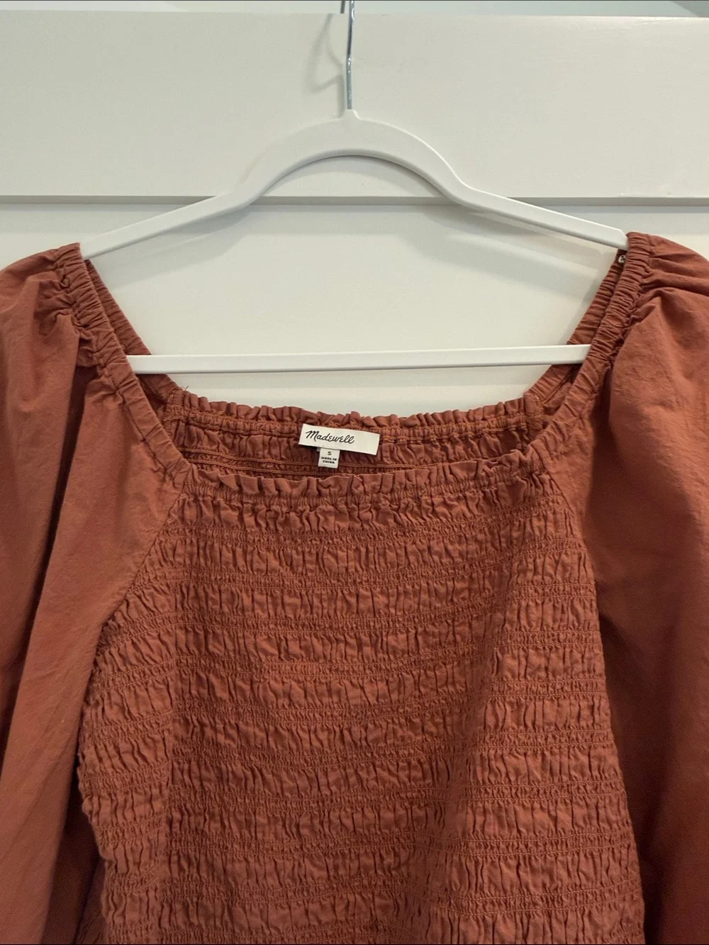 Madewell Smocked Square Neck Puff Sleeve Top Brown Rust Size S